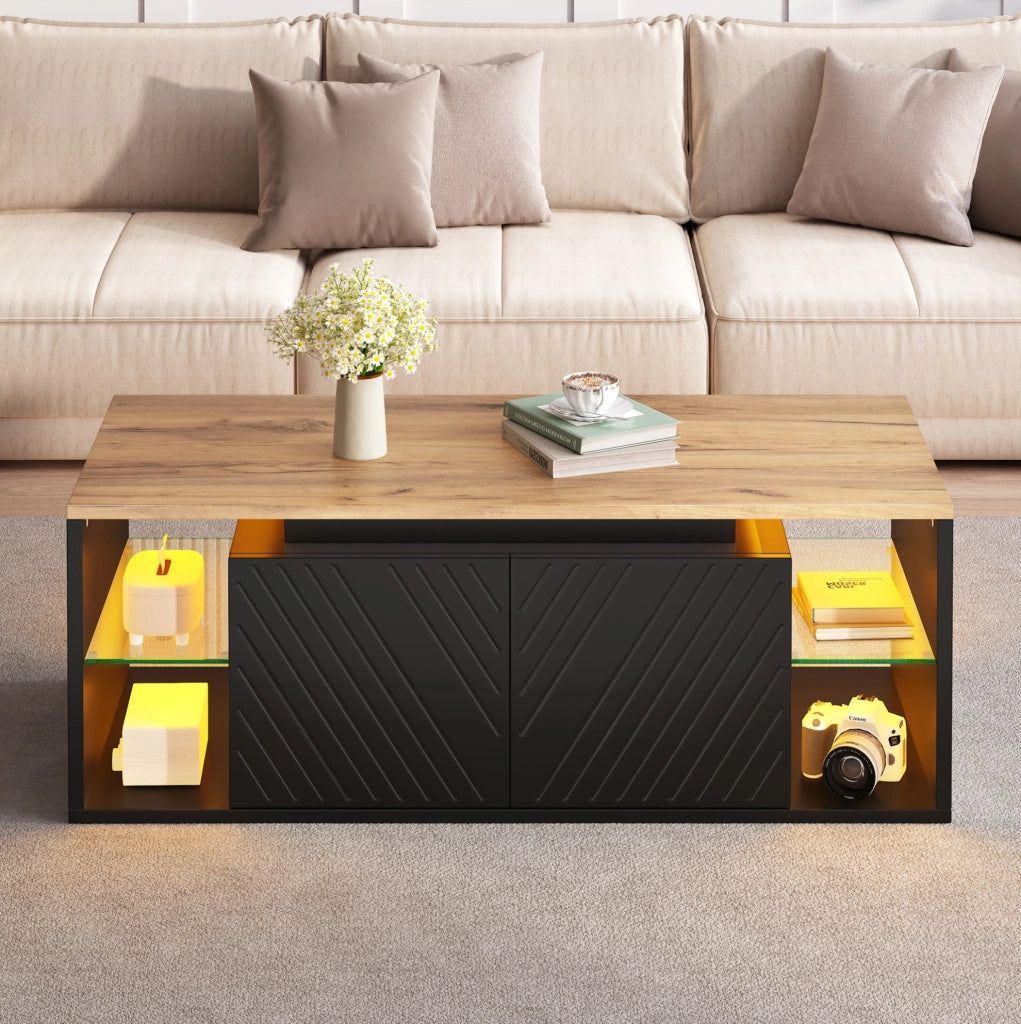 TAVOLINO da caffè 100x50x41 cm Nero con LED e ripiani semiaperti