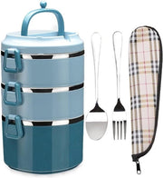 Lunchbox a tre livelli in acciaio inossidabile, stivaggio verticale, contenitore Bento, maniglia blu.