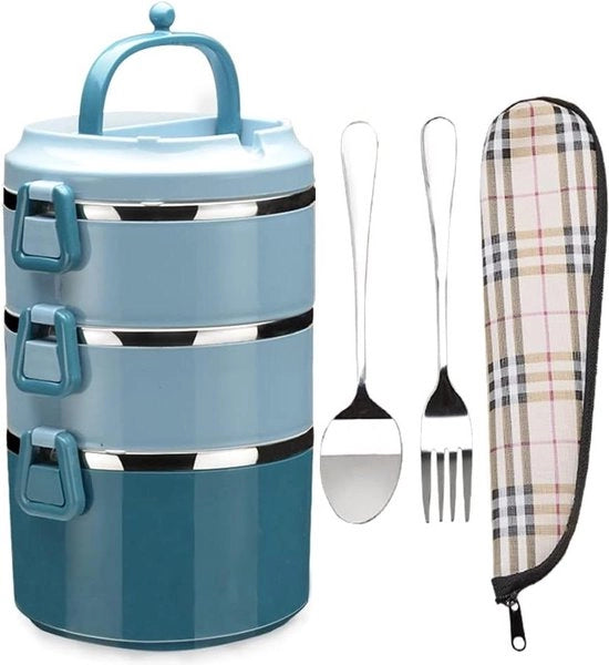 Lunchbox a tre livelli in acciaio inossidabile, stivaggio verticale, contenitore Bento, maniglia blu.