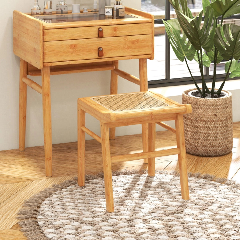 Sgabello vanity in bamb¨´ con seduta in rattan piedini antiscivolo traversa, Sgabello per trucco Naturale-Sgabelli