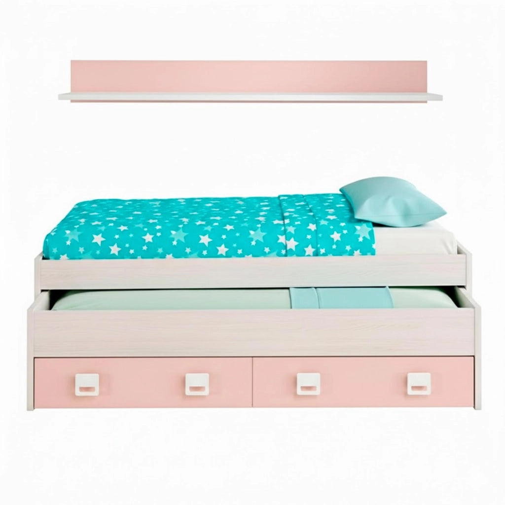 Letto Per Cameretta Con Letto Estraibile Due Cassetti E Mensola Contenitore Salvaspazio Per Bambini E Ragazzi Stile Moderno 65 x 199 x 96 Cm Bianco Alpi E Rosa