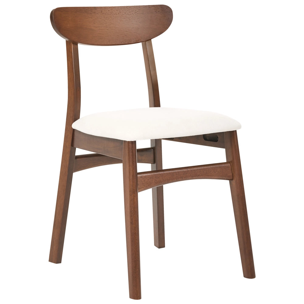 Set di 2 sedie da pranzo con struttura in legno di gomma marrone e beige chiaro, seduta in tessuto, senza braccioli, design retrò