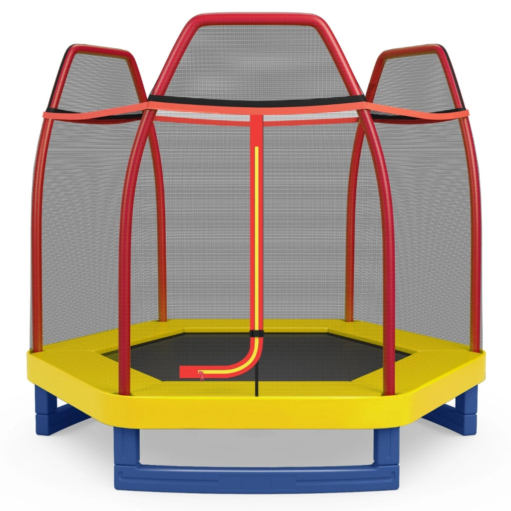 Tappeto elastico 223 cm con rete di sicurezza e cuscinetto a molle, Mini tappeto elastico per bambini Rosso