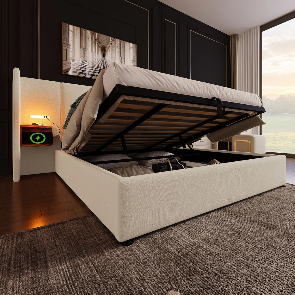 Letto matrimoniale 180x200 cm in beige con testiera multifunzione, lampada LED da lettura e ricarica USB-C, contenitore idraulico