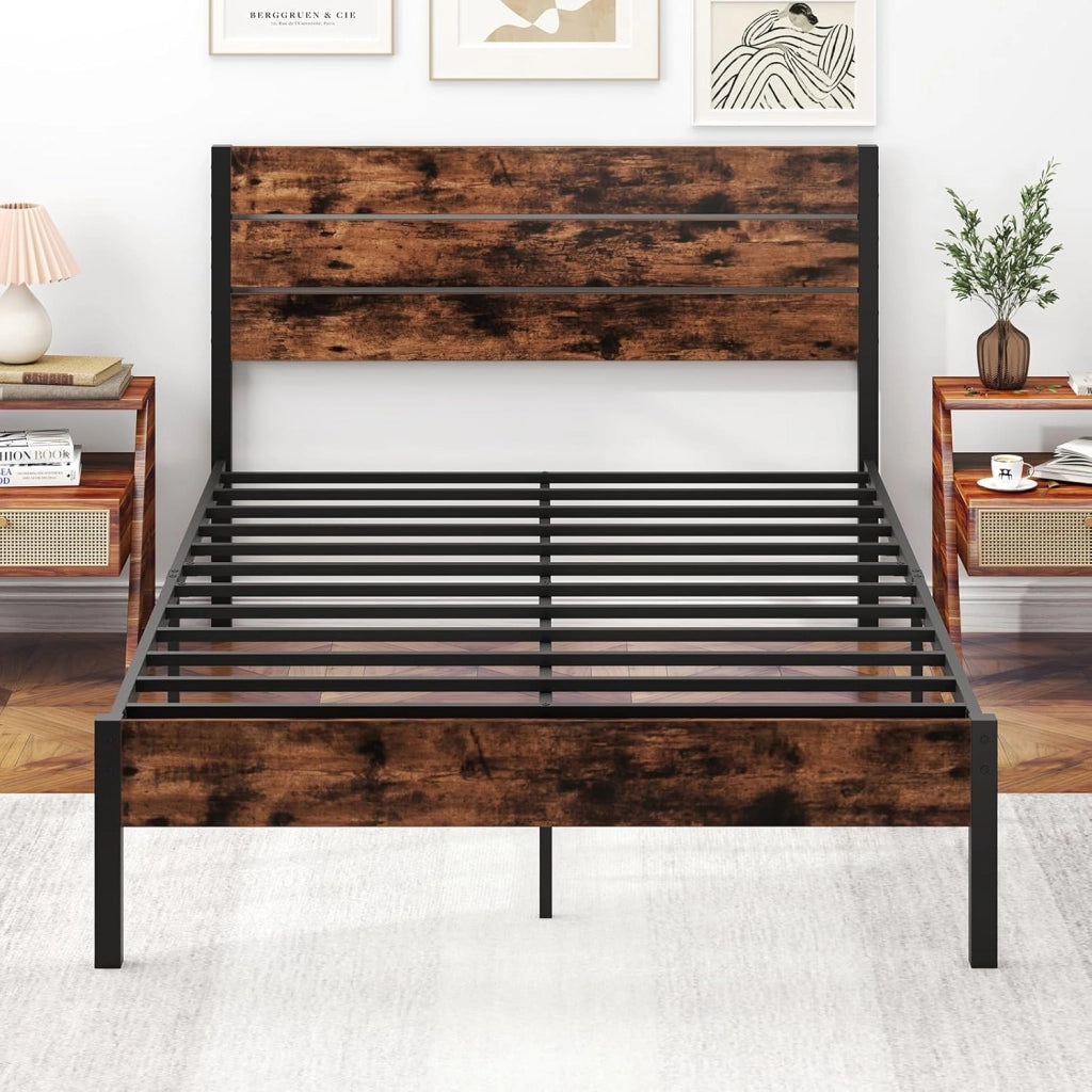 Telaio letto per materasso 140 x 200 cm, letto in metallo con rete a doghe, telaio del letto con testiera, letto matrimoniale industriale, in metallo e legno, letto per gli ospiti