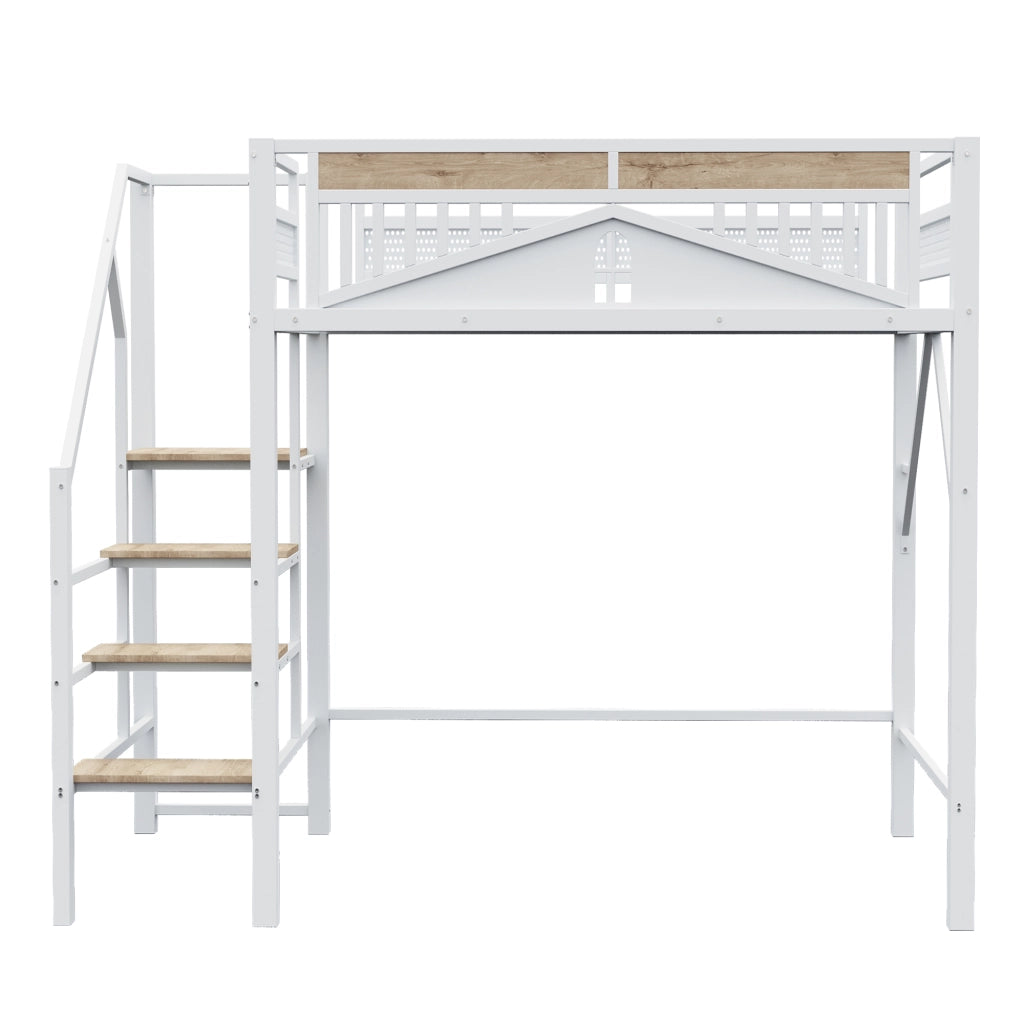 Letto a soppalco in metallo 140x200 cm con scala di sicurezza, finestra decorativa e spazio contenitore, bianco