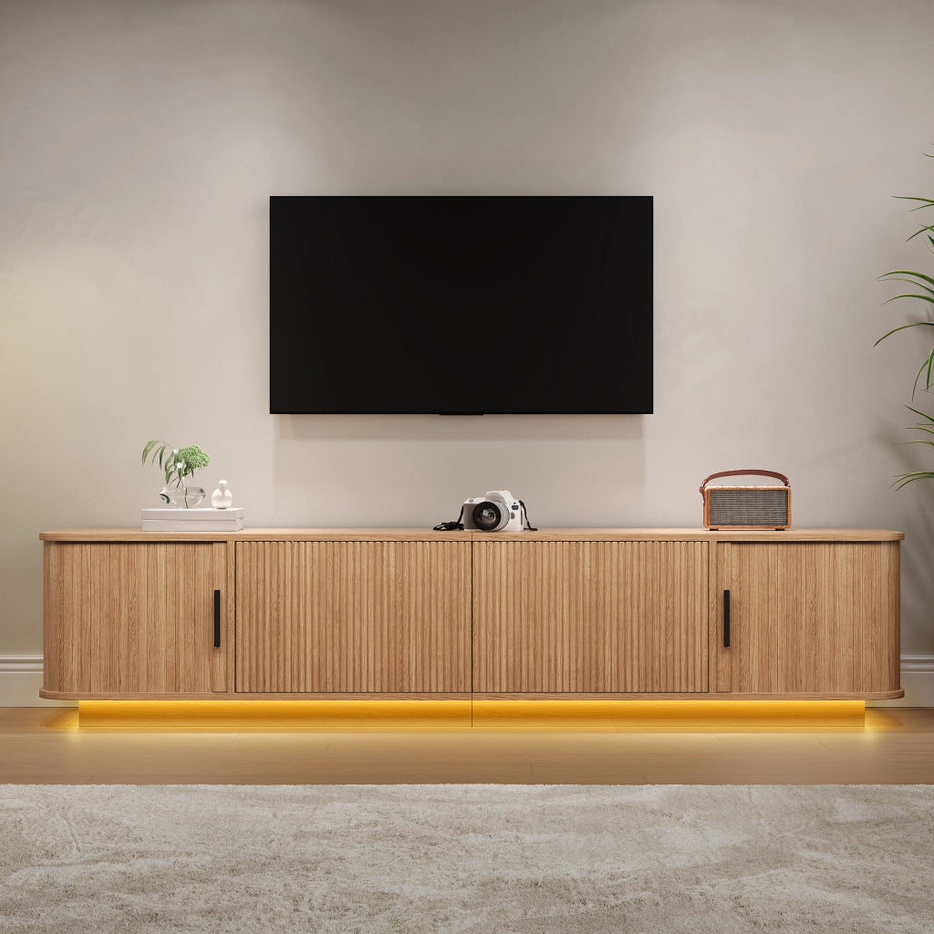 Mobile porta TV con LED, 2 cassetti e 2 ante scorrevoli, per soggiorno, in MDF e PB, naturale, 180 × 40 × 40 cm