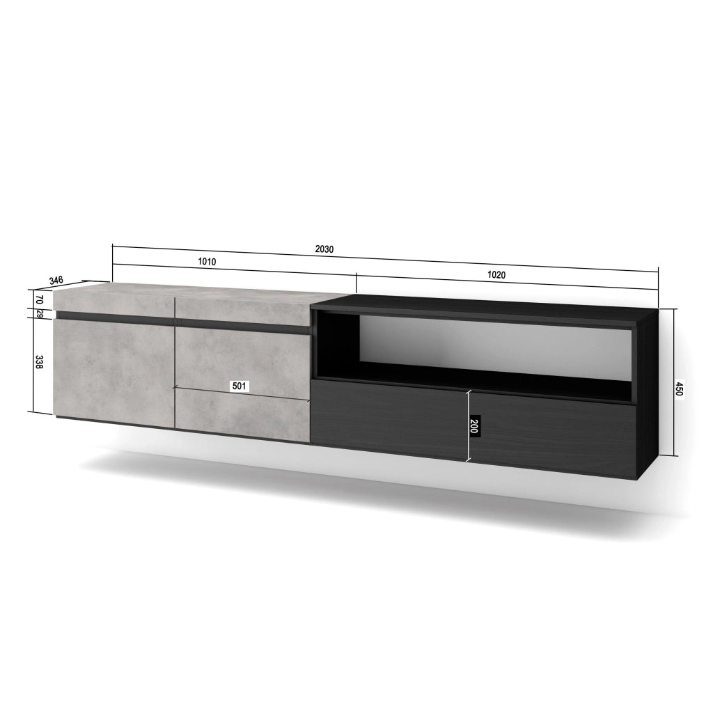Mobile TV, 200x35x45cm, soggiorno, Per TV fino a 80", da appendere, grigio cemento RF2246