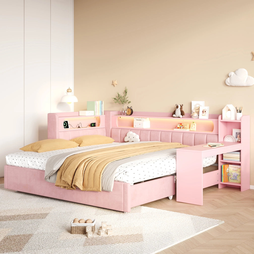 Letto singolo estraibile 90x200 cm con scrivania; LED e USB; rosa