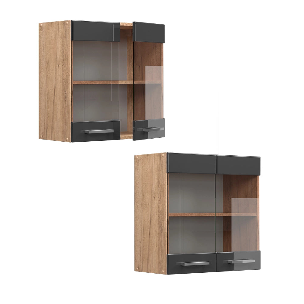 Mobile da cucina in vetro R-Line Antracite lucido/Rovere dorato 60 cm Vicco