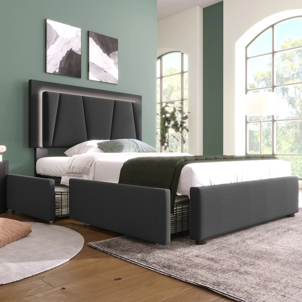 LETTO singolo 90x200 cm grigio con testiera regolabile, LED e 2 cassetti