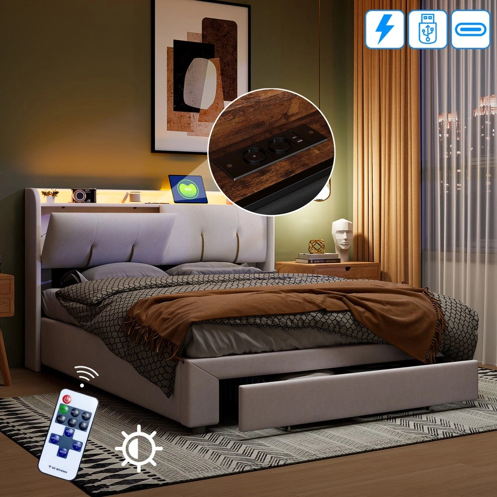 Letto contenitore matrimoniale con LED ¨C Minimal ¨C velluto beige 160x200cm