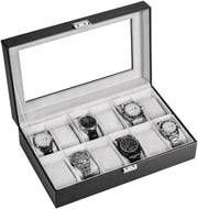 Scatola orologio, Scatola orologio con coperchio in vetro, Scatola orologio con cuscino orologio, Spazio di conservazione orologio, Scatola orologio in PU pelle, Scatola orologio - 12 compartimenti, Nero