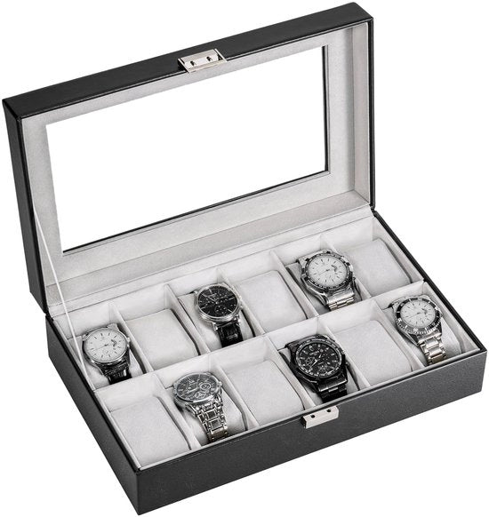 Scatola orologio, Scatola orologio con coperchio in vetro, Scatola orologio con cuscino orologio, Spazio di conservazione orologio, Scatola orologio in PU pelle, Scatola orologio - 12 compartimenti, Nero