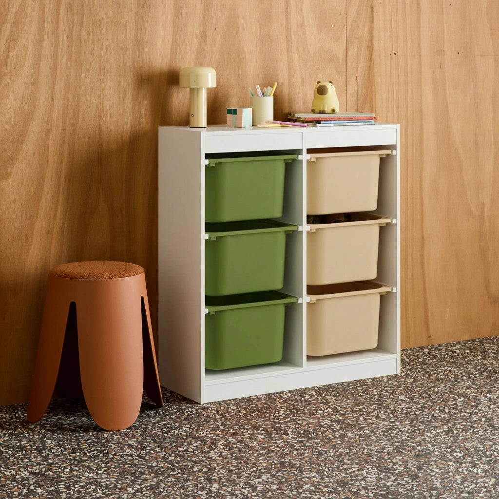 Mobile per bambini con 6 scatole colorate, verde oliva