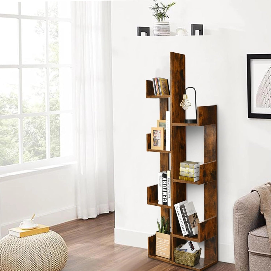 Libreria a 8 livelli 50 x 25 x 145 cm, mobile portaoggetti a forma di albero su piede, dispositivo antiribaltamento, carico totale 80 kg, per soggiorno, ufficio, camera da letto (marrone)