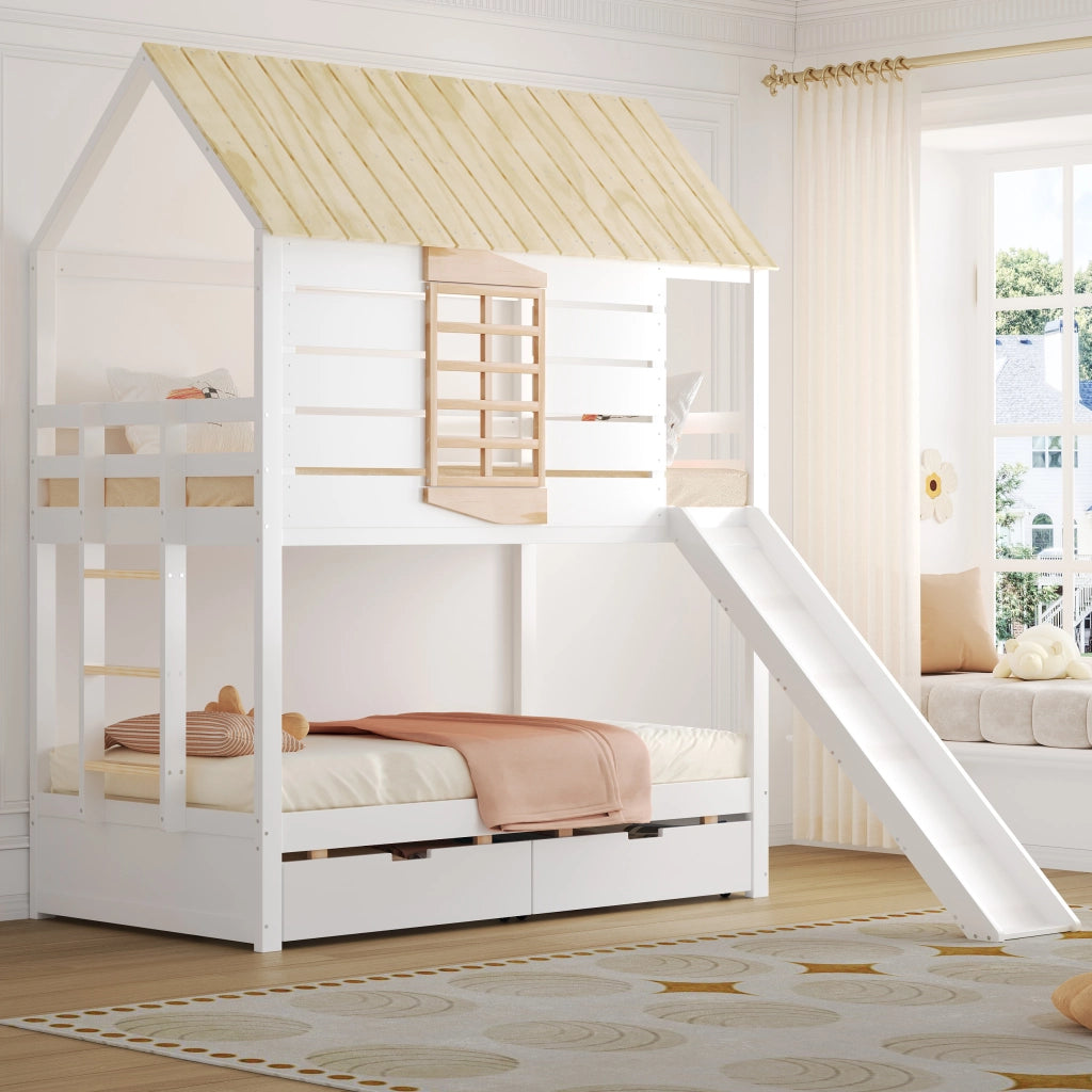 Letto a castello a forma di casa 90x200 cm con scivolo e 2 cassetti, colore bianco e naturale