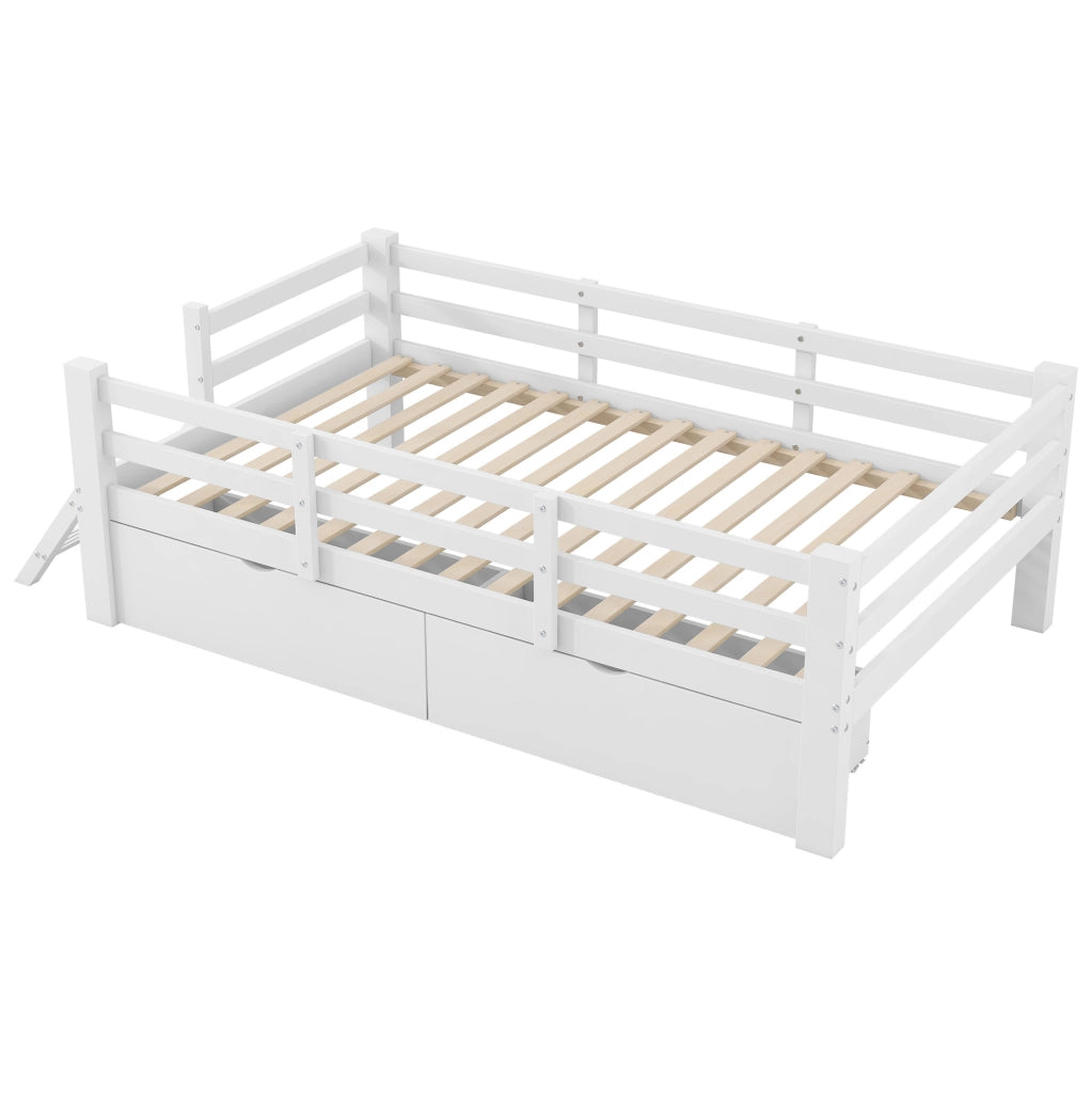 Letto a piattaforma ULEVR 90x200 cm con protezione laterale e 2 cassetti, bianco