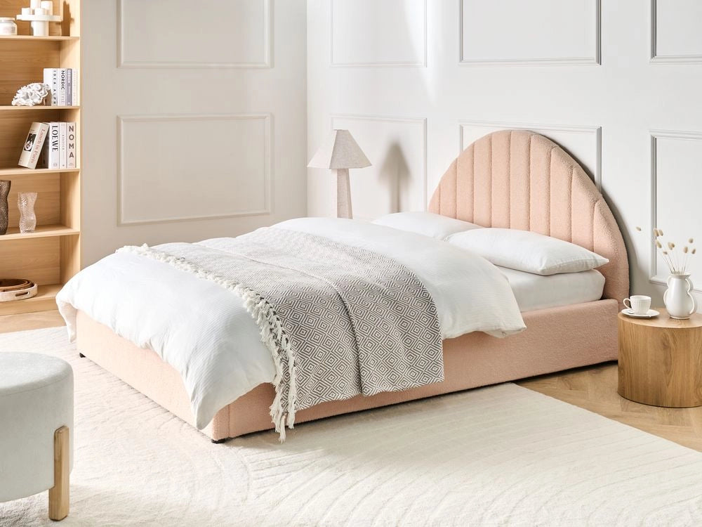 Letto minimalista con contenitore 140 x 200 cm in bouclé stile moderno con testiera rosa pesca