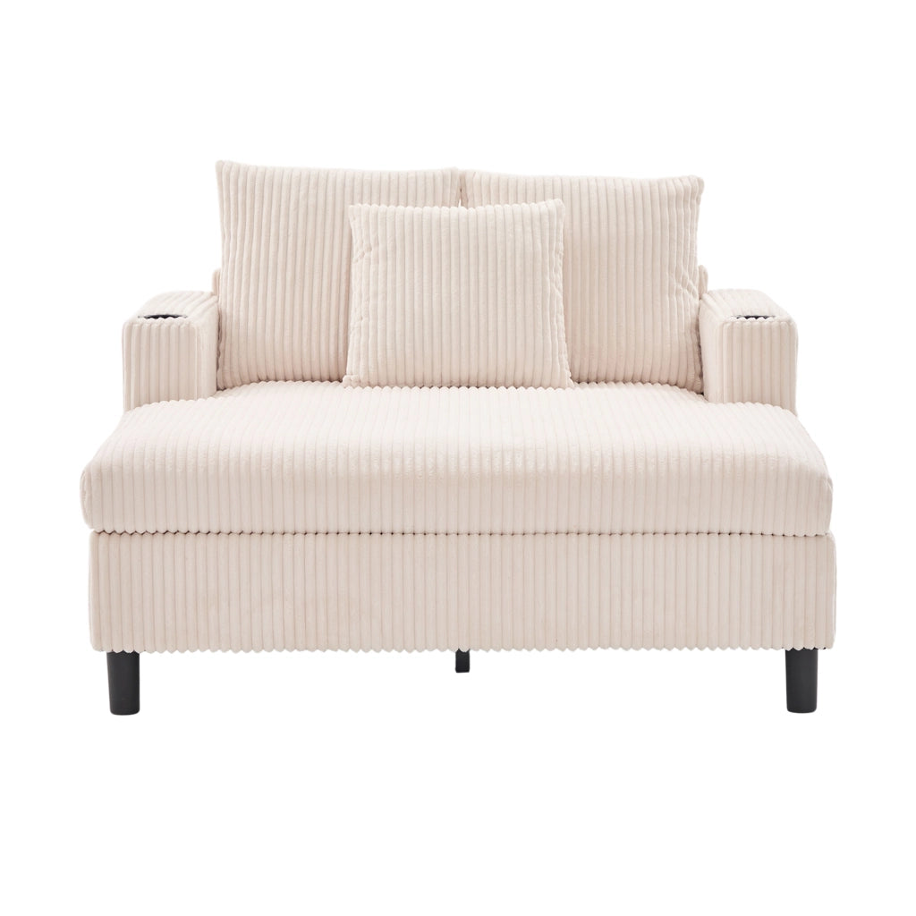 Poltrona Chaise Longue con LED; Porte USB e Portabicchieri; in Velluto a Coste Beige; 142 × 128 × 85 cm