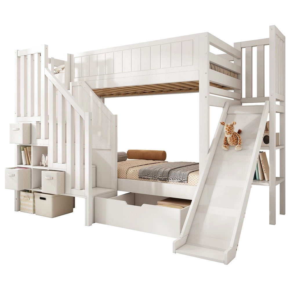 Letto a Castello per Bambini con Scivolo, Cassetti e Scala ¨C Xylo ¨C Bianco 90x200
