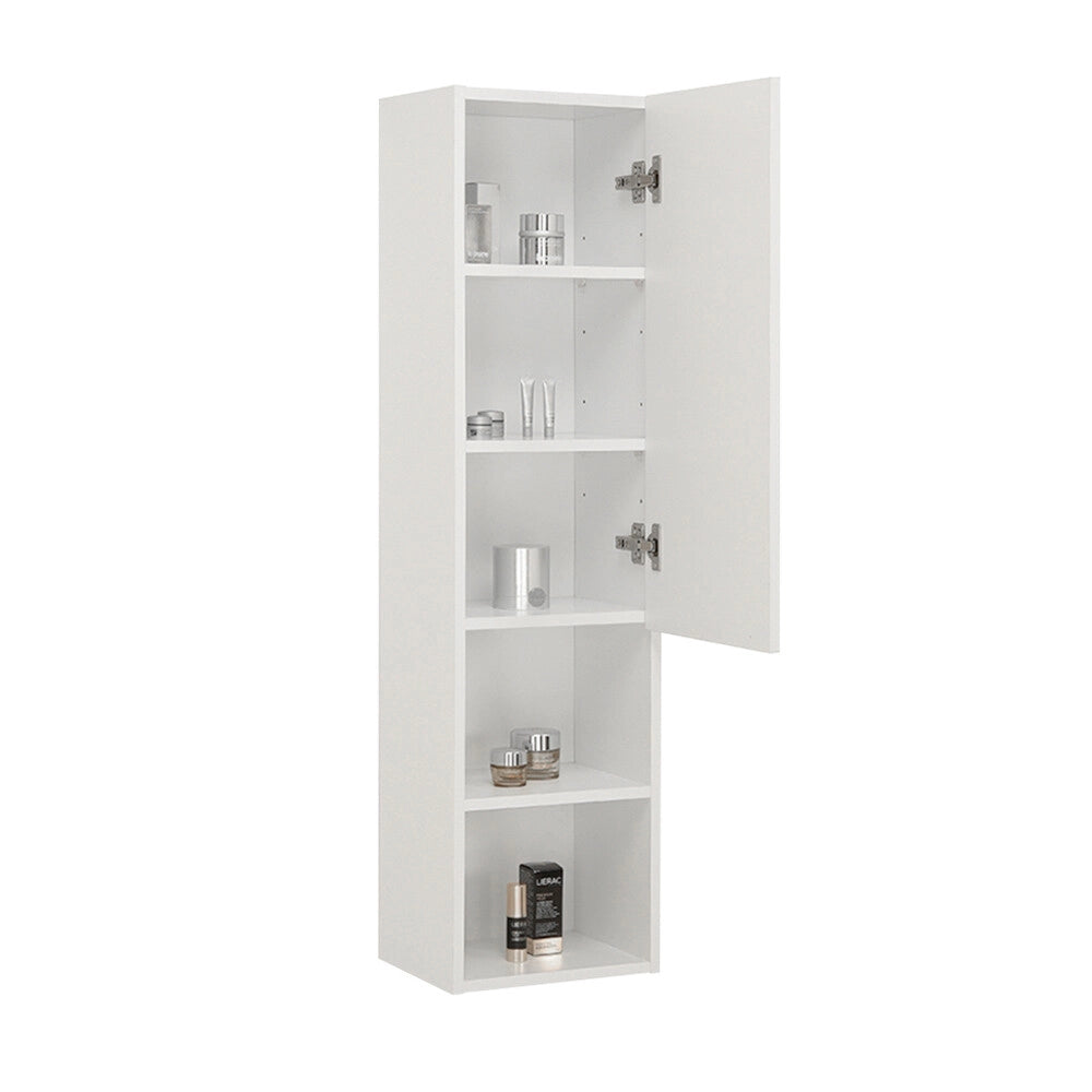 Colonna bagno sospesa bianca 30x115 cm con quattro mensole e anta soft-close Nuvola
