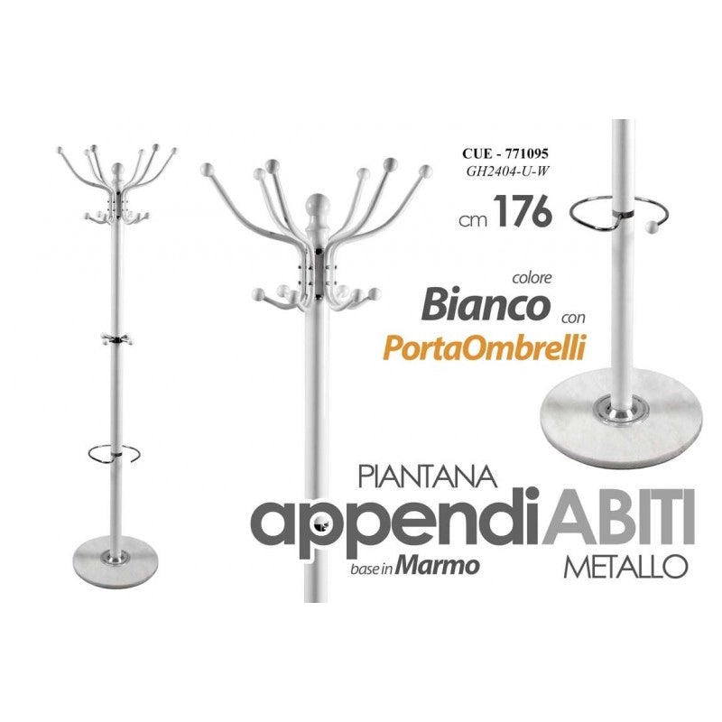 Appendiabiti piantana da terra in metallo bianca con portaombrelli cm 176