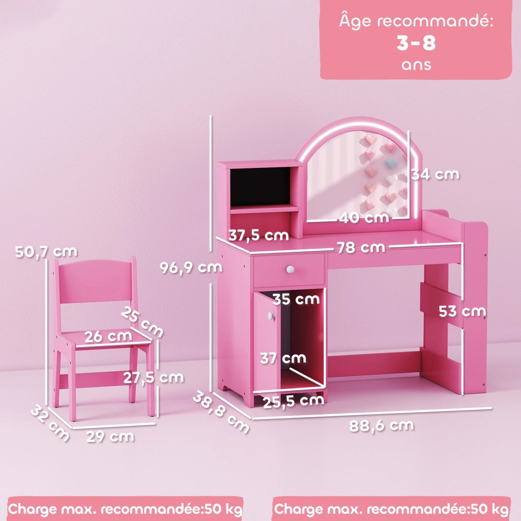 Tavolo da trucco bambini con sgabello e specchio LED ¨C zephmum ¨C rosa 88,6x38,8x96,9 cm