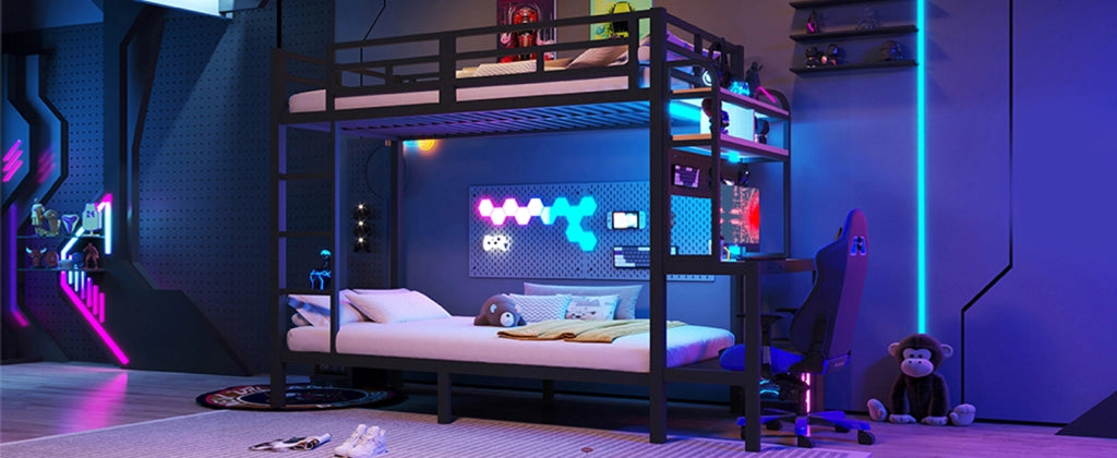 DESMIU Letto a soppalco 90 × 200 cm 1 posto con scrivania, mensole, LED e USB, senza materasso, in metallo, nero