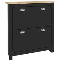 Scarpiera con 2 Ante Ribaltabili, 2 Scomparti, Maniglie a Conchiglia in Metallo, 79 x 23 x 90,5 cm, Nero e Rovere