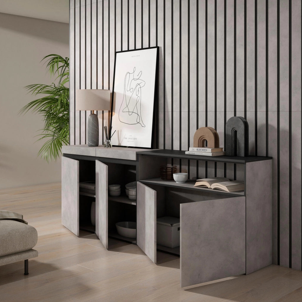 Credenza, Mobile, 200x35x75cm, 4 Porte, grande stoccaggio, grigio cemento RF2371