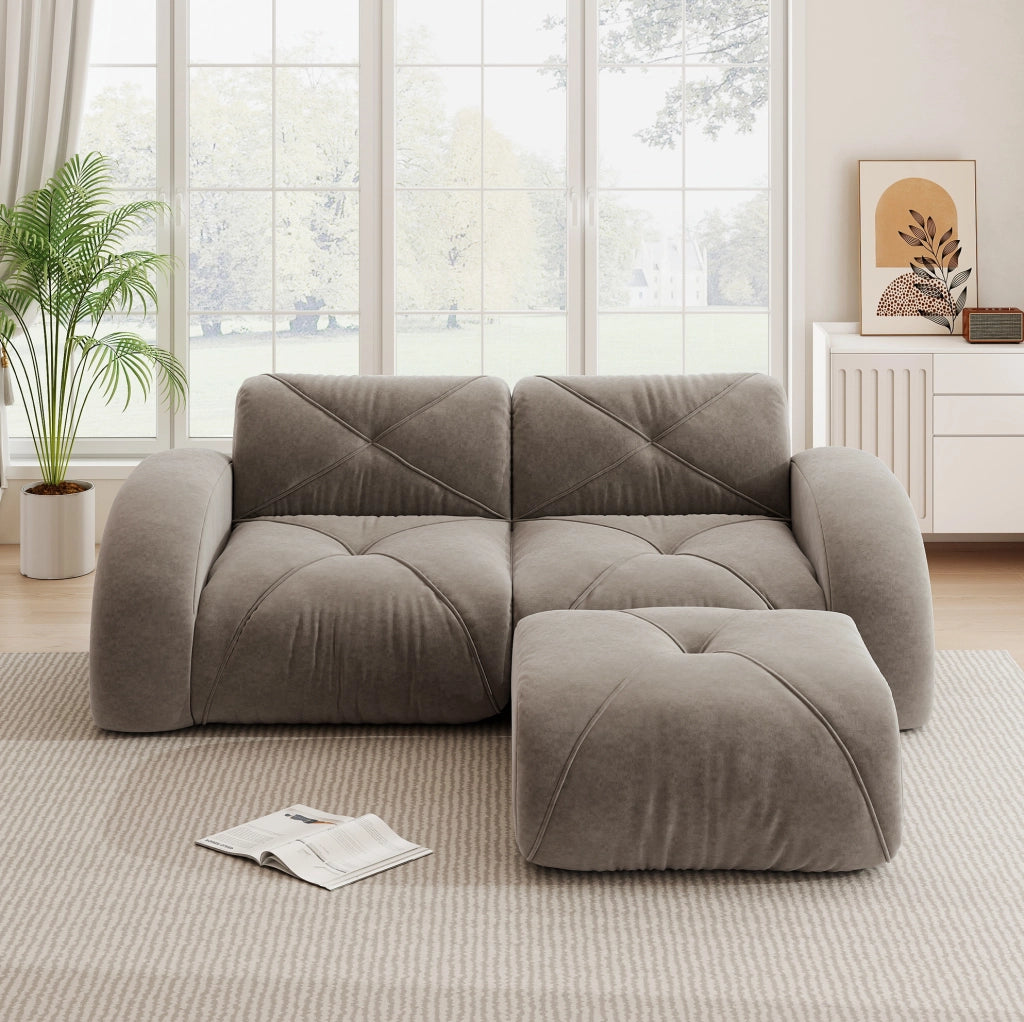 Divano modulare con pouf in chenille taupe; 204x171x76 cm