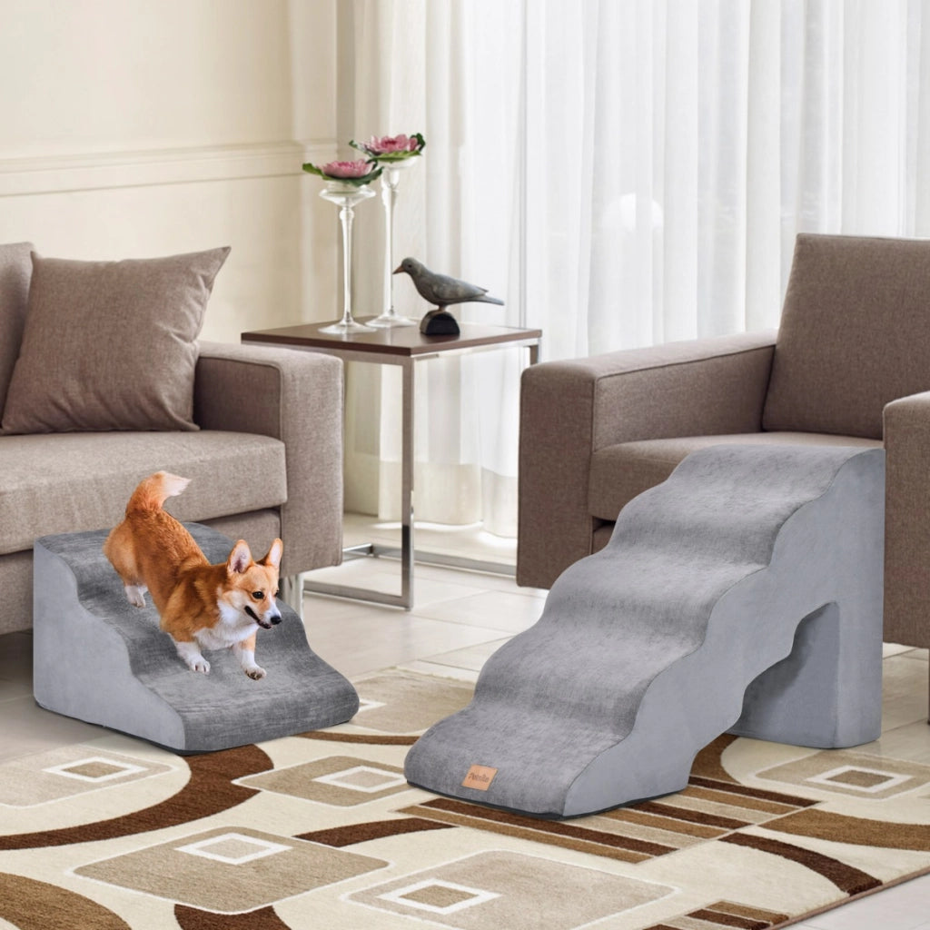 Set di rampe in schiuma per cani con 5 e 3 gradini, Scale morbide per cani antiscivolo alte 56cm e 28cm Grigio-Giochi e accessori per cani