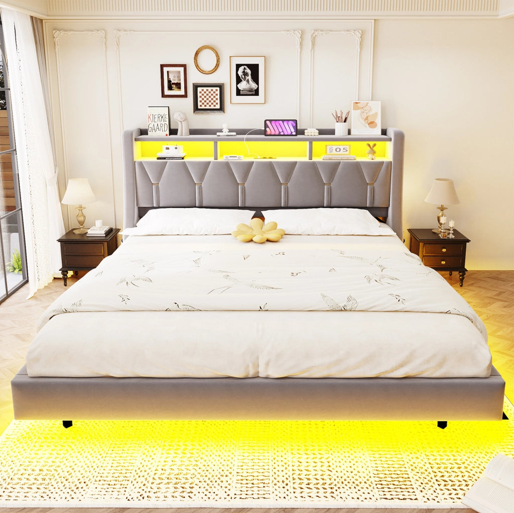 Letto matrimoniale imbottito 180x200 cm grigio chiaro con LED