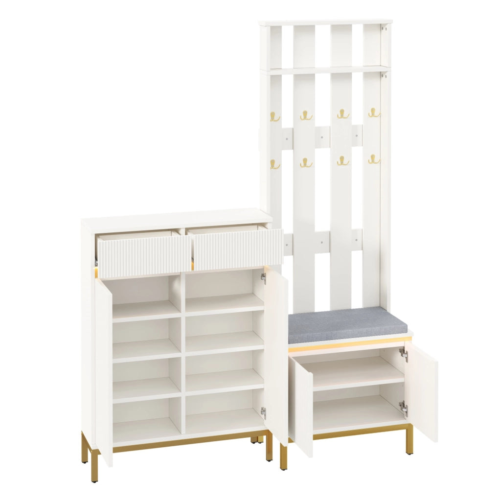 Garderoba con scarpiera; panca e appendiabiti LED; bianco