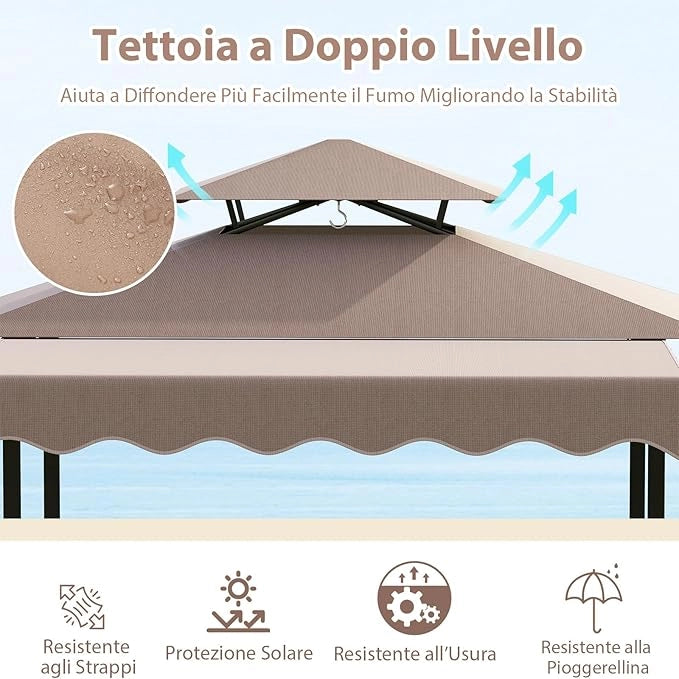 Gazebo per Barbecue, Pergola per BBQ con Tavolo Bar e 2 Sgabelli Bar Pieghevoli, Ripiani di Stoccaggio in Metallo, per Giardino e Cortile, 193 x 117 x 240 cm (Marrone)