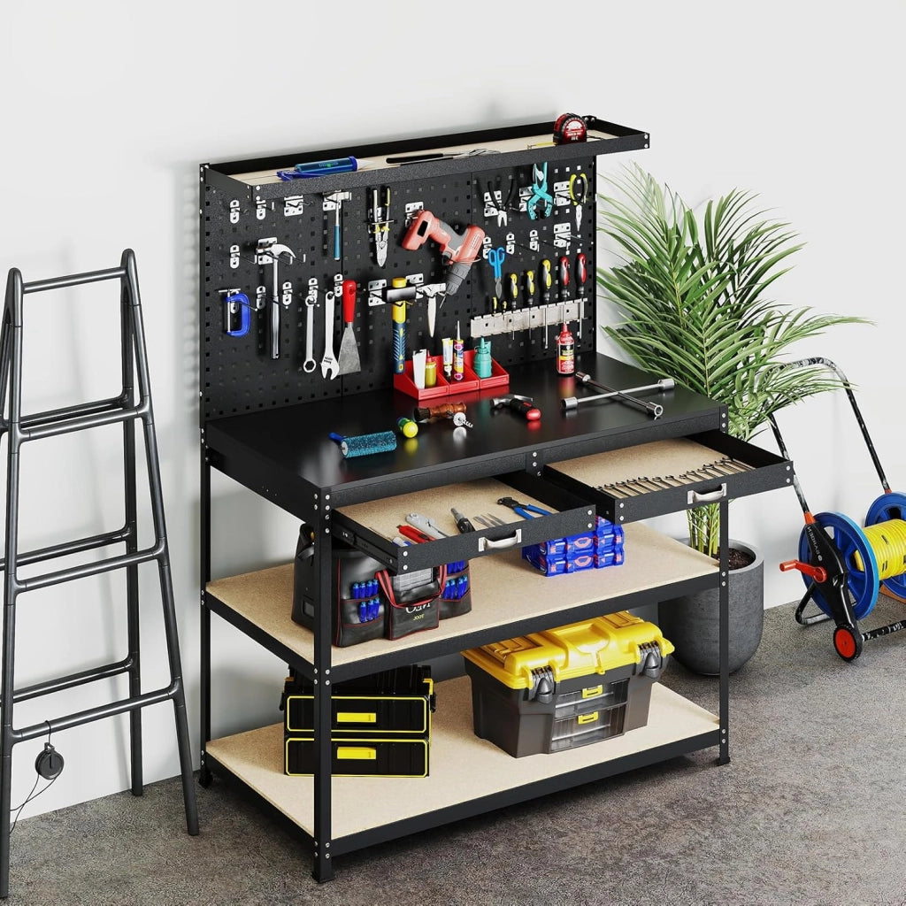 Banco da Lavoro, Organizer per Attrezzi in Metallo con 3 Pannelli Perforati con Kit di 24 Ganci, 2 Cassetti e 2 Ripiani, Banchi da Lavoro per Officina, Garage (Nero, 121 X 61 X 156 CM)