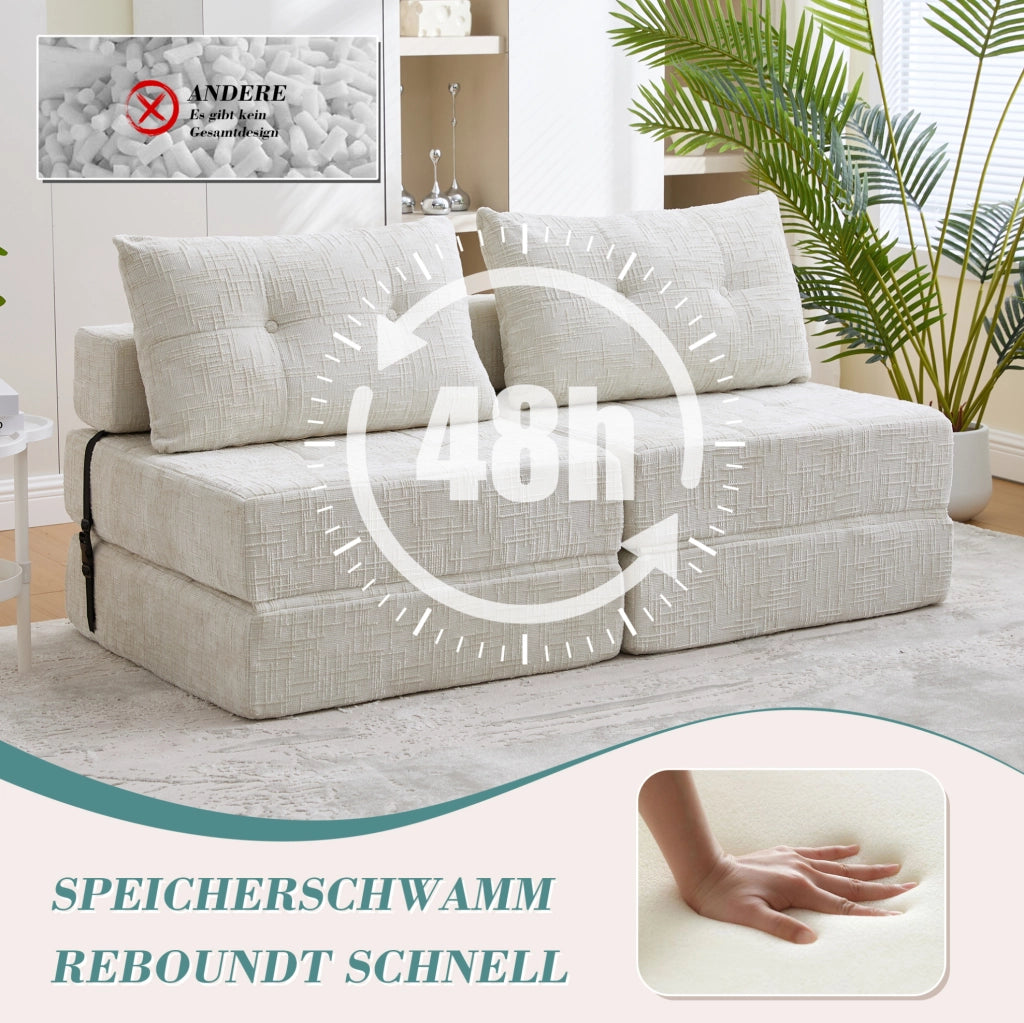 Divano letto pieghevole in chenille beige 79x180 cm con cuscini; per soggiorno e camera