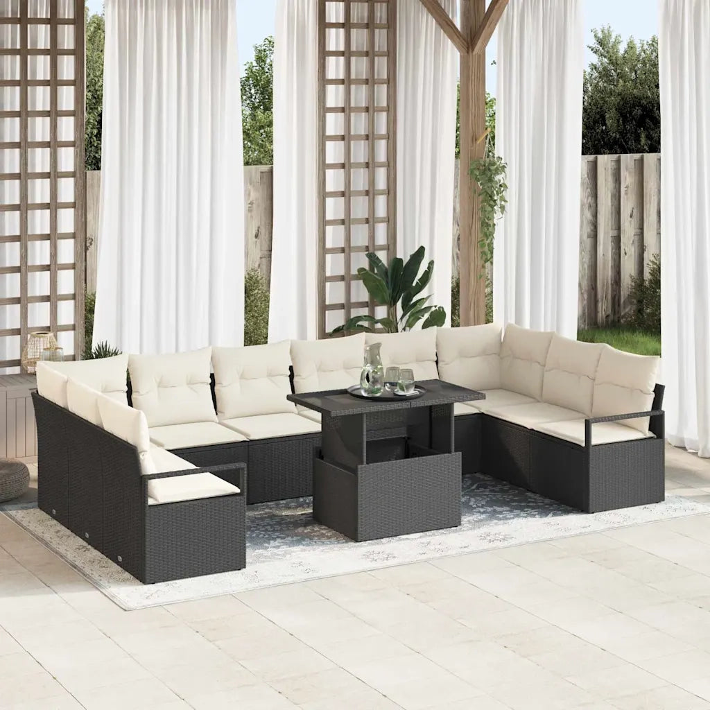 Set Divano da Giardino 11 pcs Nero e crema polyrattan