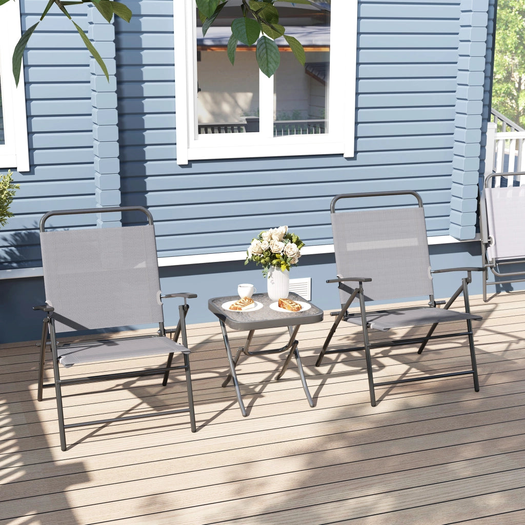 Set da Giardino con Tavolo con Piano in Vetro e 2 Sedie Pieghevoli con Schienale Regolabile, Grigio