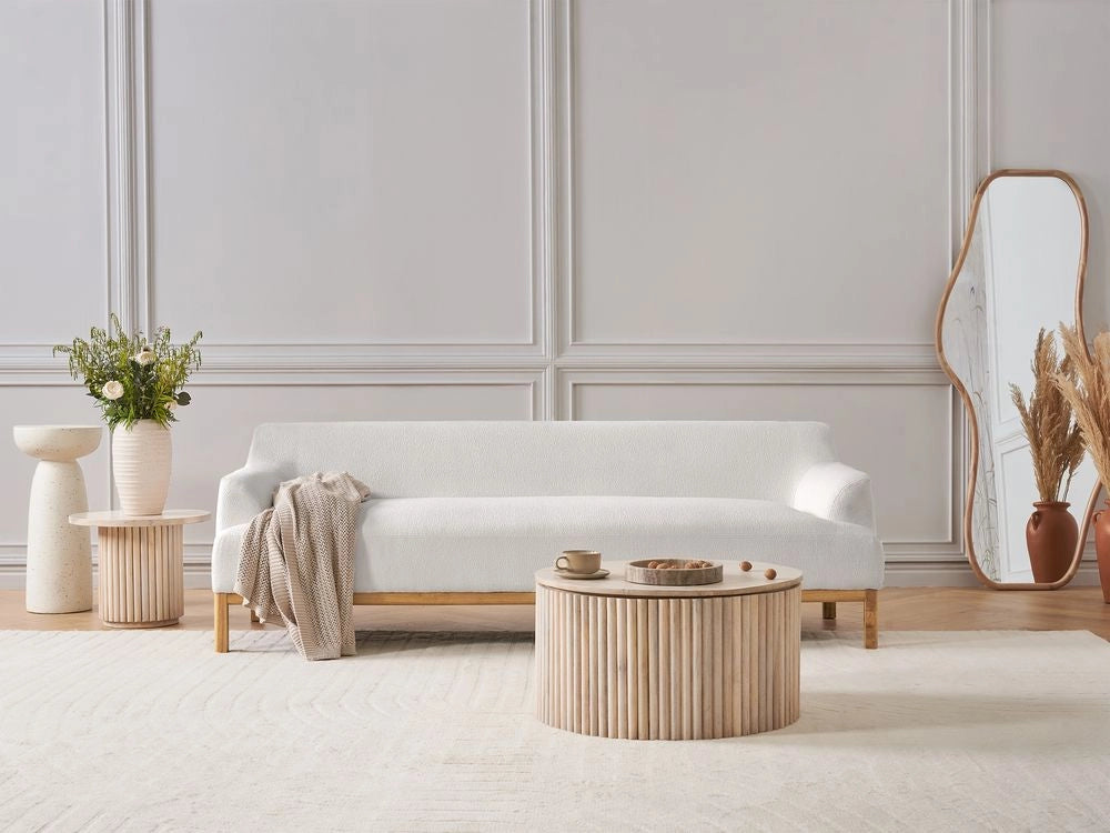 Divano a 3 posti in tessuto bouclè bianco con gambe in legno stile elegante soggiorno