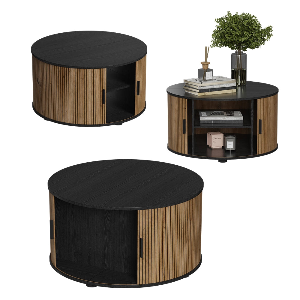 Tavolino soggiorno Selva Rovere/Nero 80 x 80 cm con porta scorrevole Vicco