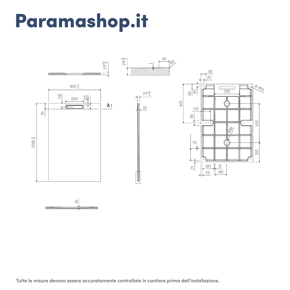 Piatto doccia 80x120 cm in marmoresina nero effetto pietra | Paros