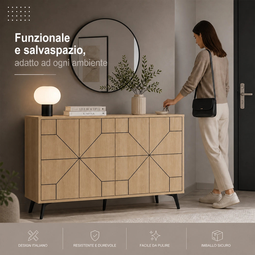 Madia con 4 Ante Credenza Design Geometrico Moderno in Legno 123x77 cm Quercia