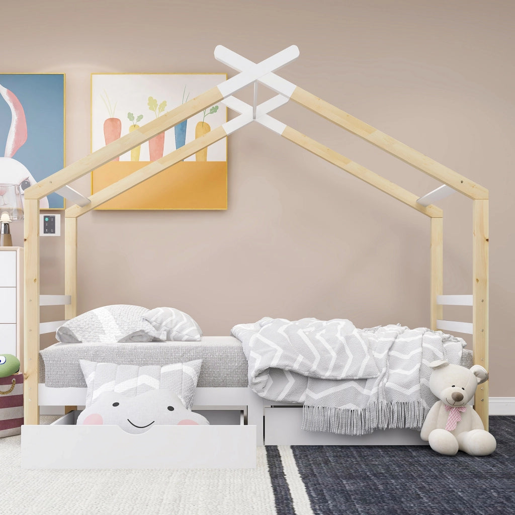 Letto a casa per bambini bianco con cassetti in legno massello di pino 90x200 cm