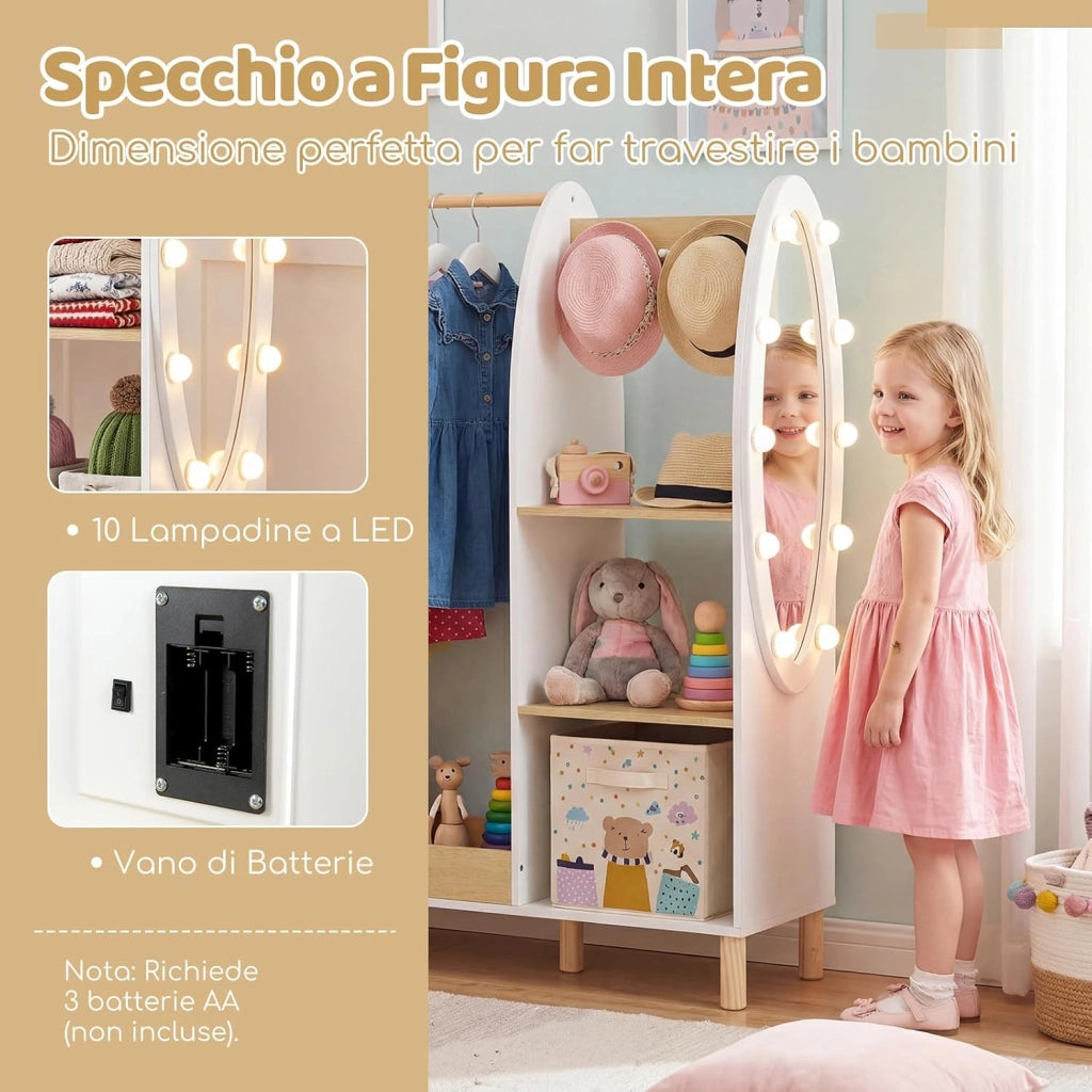 Guardaroba per Bambini, Armadio Gioco con Specchio e Luci, Guardaroba Aperto con Ripiani e Ganci, Organizer per Stanza e Camera da Letto, 91x28x110 cm