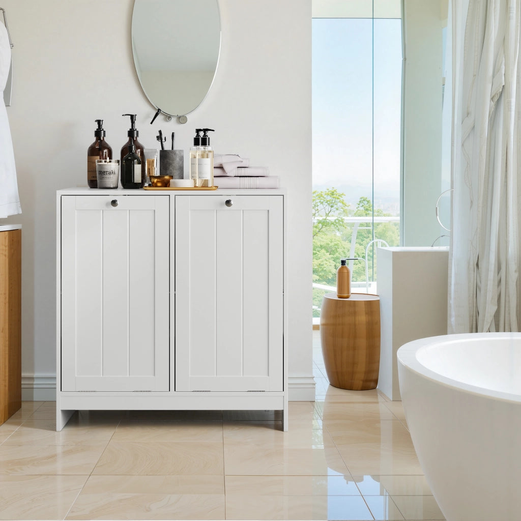 Armadio portabiancheria inclinabile con 2 cesti estraibili, organizer freestanding per bagno e lavanderia, bianco