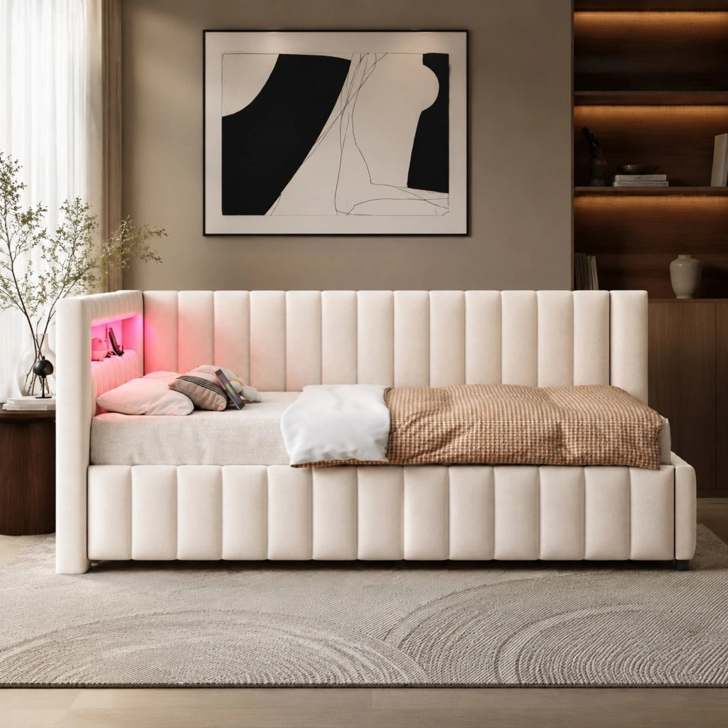 Divano letto angolare imbottito 140x200 cm in velluto beige con LED e porta USB