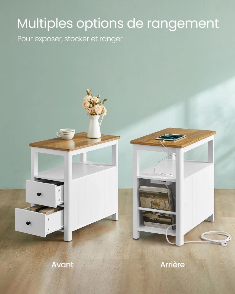 Tavolino laterale con multipresa comodino con 2 cassetti tavolino da caffè piccolo 60 x 35 x 60 cm con ripiano portaoggetti per piccoli spazi bianco 12_0007553