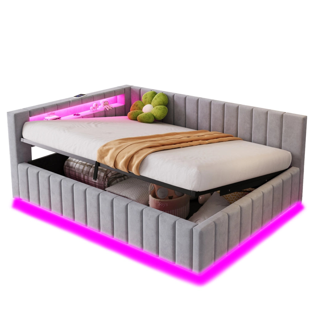 Letto imbottito 140x200 cm con vano, LED e USB grigio